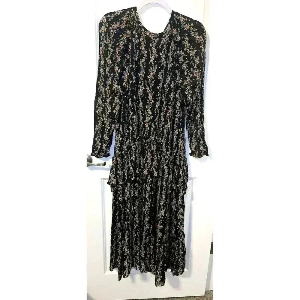 ZARA Maxi Dress Size M Black Red/Pink Floral Chiffon Long Sleeve Lined Ruffled